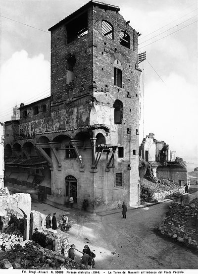 World War II: Damage caused by the bombing at the Mannelli Tower at the end of the Ponte Vecchio, in Florence. This photograph was formerly part of the Brogi Collection, but now belongs to the Alinari Collection by Fratelli Alinari