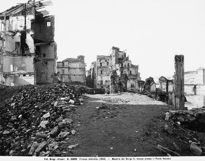 World War II: Damage caused by the bombing in Borgo San Jacopo at the Ponte Vecchio, in Florence. This photograph was formerly part of the Brogi Collection, but now belongs to the Alinari Collection by Fratelli Alinari