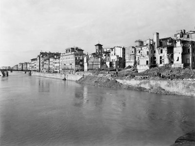 World War II: the rubble along the Arno River in Florence, after the bombing. This photograph, formerly part of the Brogi Collection, now belongs to the Alinari Collection by Fratelli Alinari