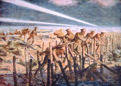 British soldiers cutting German barbed wire defences at night on the Western Front by Allan (after) Stewart