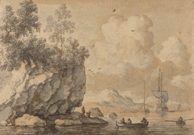 Figures in Rowing Boats in a Rocky Cove, Sailing Ships Beyond by Allart van Everdingen