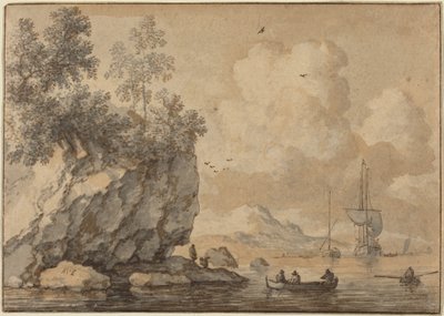 Figures in Rowing Boats in a Rocky Cove, Sailing Ships Beyond by Allart van Everdingen