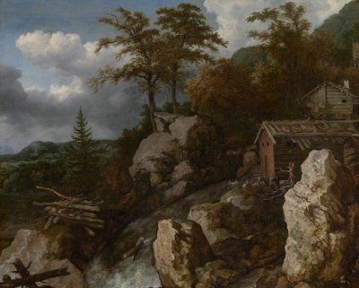 Waterfall with Log Cabins by Allart van Everdingen