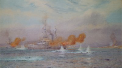 H.M.S. Albion commanded by Capt. A. Walker-Heneage completing the destruction of the outer forts of the Dardanelles in 1915, 1925 by Alma Claude Burlton Cull