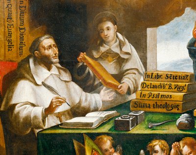 St Albert the Great and St Thomas of Aquinas (detail), St Paul appears to St Albert the Great and St Thomas of Aquinas, by Alonso Antonio Villamor. Convent of San Esteban, Salamanca. by Alonso Antonio Villamor