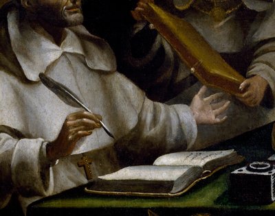 The hands of St Albert as he writes (detail) by Alonso Antonio Villamor