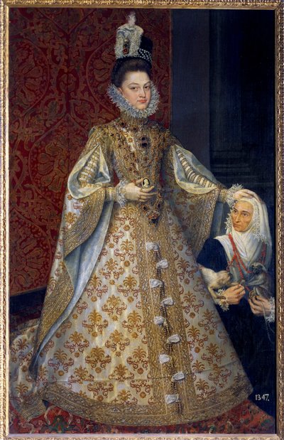 Full-length portrait of the Infanta of Spain Isabelle Clara Eugenie of Habsburg, sovereign of the Netherlands and Magdalena Ruiz by Alonso Sánchez Coello