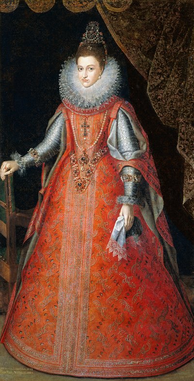 Portrait of the Infanta Isabella Eugenia, Standing Full-Length Wearing a Brocade Dress by Alonso Sánchez Coello
