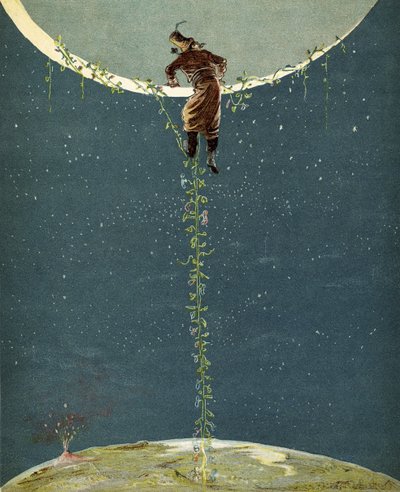 Baron Munchausen climbs up to the moon by way of a Turkey bean plant by Alphonse Adolphe Bichard