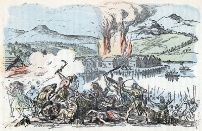 Prehistory: scene of war at the beginning of the iron age, fire of the stilt-house settlements Engraving from 