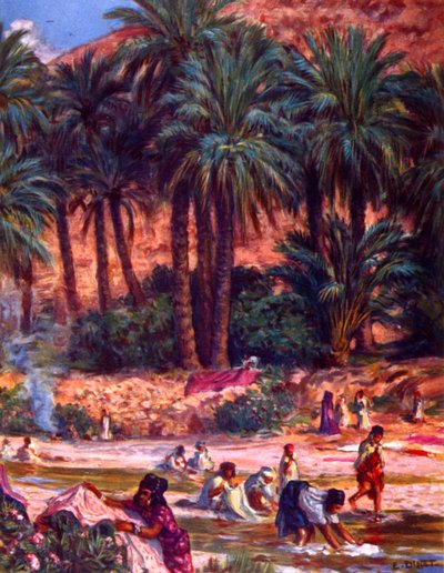 Group of Arab Nomad women washing clothes at an oasis in the desert by Alphonse Etienne Dinet