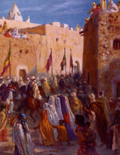Illustration Depicting Moslem Arab Warriors Leaving a Town to Embark on Jihad or Holy War by Alphonse Etienne Dinet