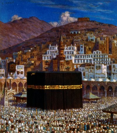 Illustration depicting Moslem pilgrims at the Kabbah in Mecca by Alphonse Etienne Dinet