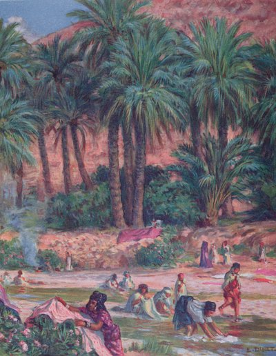 Palm Trees. The palm was blessed by the Prophet Mohammed in the Quran. Coloured Lithograph, 1918. by Alphonse Etienne Dinet
