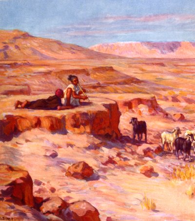 Two Arab Nomad children playing a flute while watching goats in the desert by Alphonse Etienne Dinet