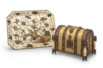 Charger, Marquetry by Ferdinand Duvinage, and Gothic Revival Jewellery Casket, Both c.1880 by Alphonse Gustave Giroux