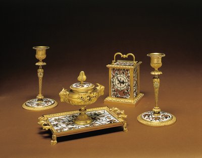 Napoleon III four-piece desk set, marquetry by Duvinage and Harinckouk by Alphonse Gustave Giroux