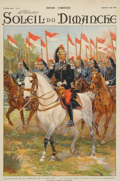 Review of the 14th July, Dragon regiment parading in front of the presidential stand, illustration from the cover of 