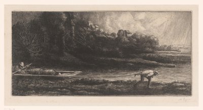 Landscape with Towboat by Alphonse Legros (signed by artist)