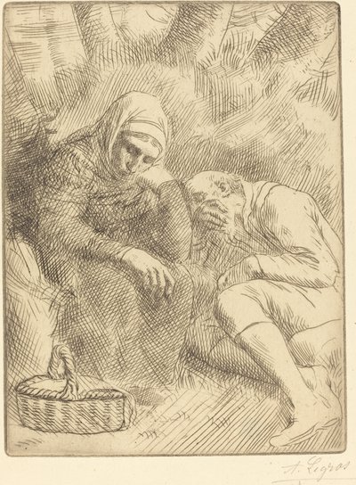Man and Wife Seated by the Road with a Basket by Alphonse Legros
