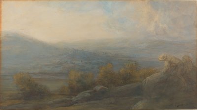 Mountain Landscape with Two Figures at the Right by Alphonse Legros