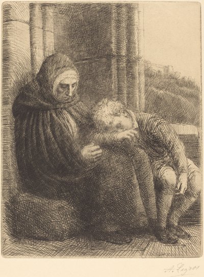 Woman Seated against a Wall, Child with His Head in Her Lap by Alphonse Legros