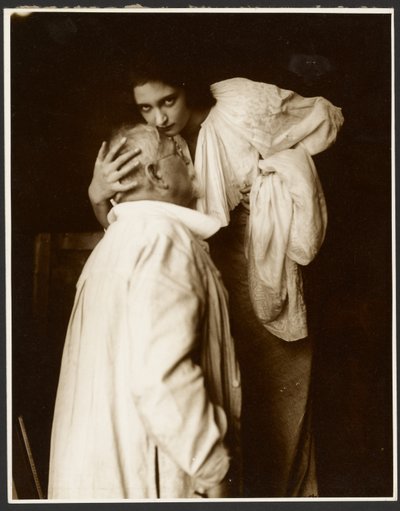 Alphonse Mucha in Costume with Daughter Jaroslava as a Model for the Poster, "De Forest Phonofilm" the first "talkie" shown in the Bio Adria cinema (Prague), Zbiroh, Bohemia by Alphonse Maria Mucha