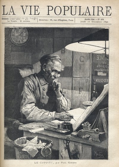 A concentrated copyist working in his office. Illustration by Alfons Maria Mucha by Alphonse Mucha