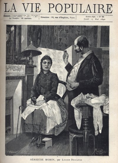 A Sick Young Woman Holding a Piggy Bank in Her Hand Facing a Doctor by Alphonse Mucha