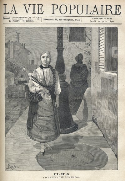A simple and distinguished young woman, with pigtails hair, holding an umbrella, walks with confidence in the street. Behind her, a woman clothed in black and a hitch carrying barrels continue their journey. Illustration by Alfons Maria Mucha (Alphonse M by Alphonse Mucha