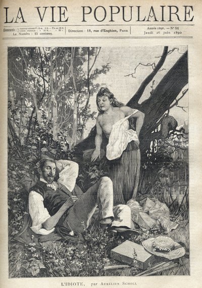 A young woman, disheveled, partially nude, with an exposed chest, leans with confidence and fun towards a painter lying, sleeping in the middle of nature, jacket, hat, material, and pipe scattered on the floor. Illustration by Alfons Maria Mucha by Alphonse Mucha