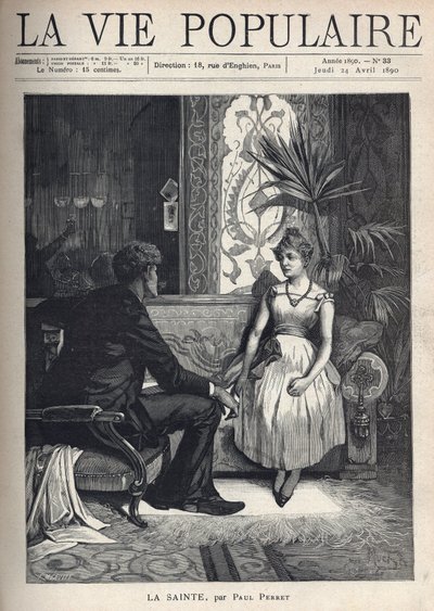 A Young Woman, Looking Sick, Sitting on a Couch, in a Richly Decorated Living Room, She Has a Shy Attitude and Talks with a Young Man in Clothing, Sitting on an Armchair, Turns Towards Her, the Enterprising Look (Illustration by Alphons Mucha) by Alphonse Mucha