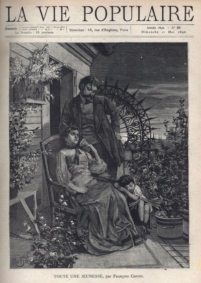 At night, on a flowery balcony, a family is gathered around the mother sitting on an armchair, holding her husband