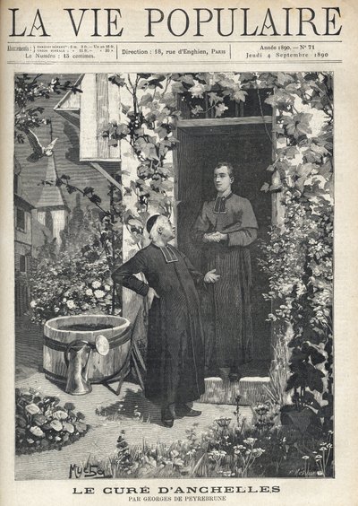 At the entrance of the presbytery, a treatment is directed to a younger person. The garden is very blossomed, equipped with a tank and a watering can, at the bottom you can see the bell tower of the village. Illustration by Alfons Maria Mucha by Alphonse Mucha