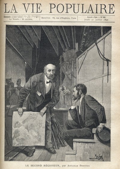 Behind the stage of a theatre, crowded with props and sets, the actors coming out of the stage, a man between two ages addresses a young man sitting, thoughtful, while waving a sheet of sheet, in order to make it vibrate to produce the sound of the storm by Alphonse Mucha