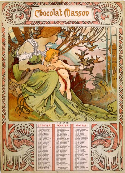 Chocolate Masson calendar illustrated by Mucha, a Czech Art Nouveau painter by Alphonse Mucha