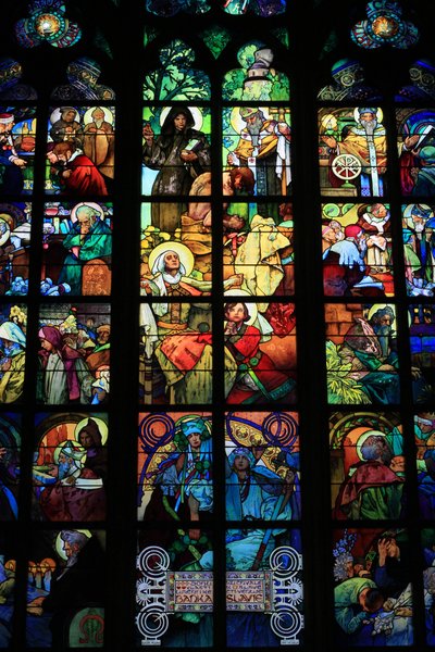 Detail of a Stained Glass, Life of Saints Cyril and Methodius, St. Vitus Cathedral, Wenceslas and Adalbert, Prague, Czech Republic by Alphonse Mucha