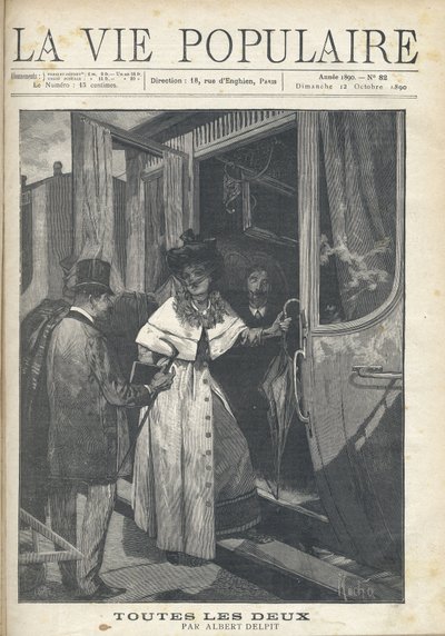 Farewell between a man and a woman getting on a train on the platform of a station. Illustration by Alfons Maria Mucha (Alphonse Marie Mucha) by Alphonse Mucha