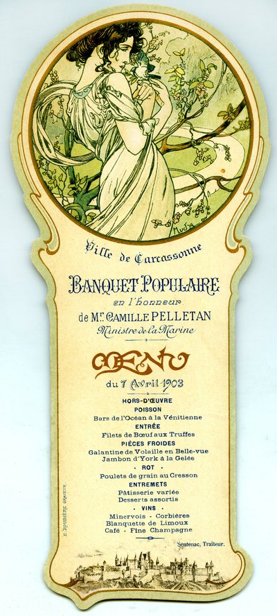 Menu of a popular banquet organized in Carcassonne on April 7 by Alphonse Mucha