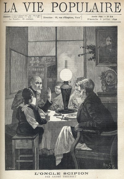 Scene of family life: around the dinner table, a family is gathered together, illuminated by an oil lamp, and listens carefully to a visiting uncle, with bright eyes and hand marking the highlights of his story. Illustration by Alfons Maria Mucha by Alphonse Mucha