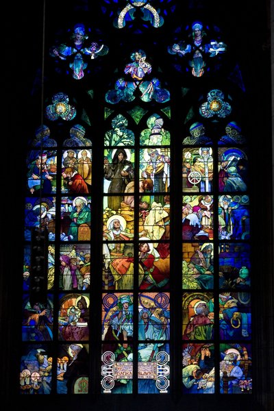 Stained glass by Alphonse Mucha in Saint Guy Cathedral in Prague, Czech Republic. Photography 2009 by Alphonse Mucha