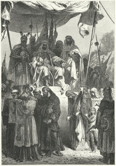 Saladin watching captured Christians pass by after his capture of Jerusalem by Alphonse Marie de (after) Neuville