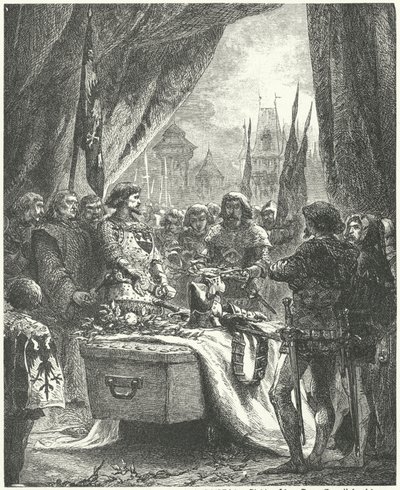 The commander of Chateauneuf de Randon laying the keys of the town on the coffin of Bertrand du Guesclin by Alphonse Marie de (after) Neuville