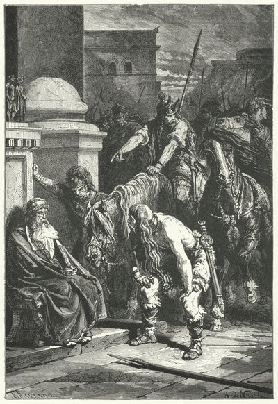 The Death of Roman Consul Marcus Papirius in the Gallic Sack of Rome, 387 BC (engraving) by Alphonse Marie de (after) Neuville