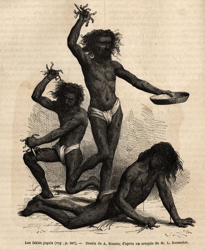 Joguis fakirs, at the Bhopal Fair, are religious beggars who almost bare and their hair spars, walk around shouting and performing a kind of macabre dance, wielding long acere daggers trimmed with steel chainettes, which they sink hallucines into the chest by Alphonse Marie de Neuville