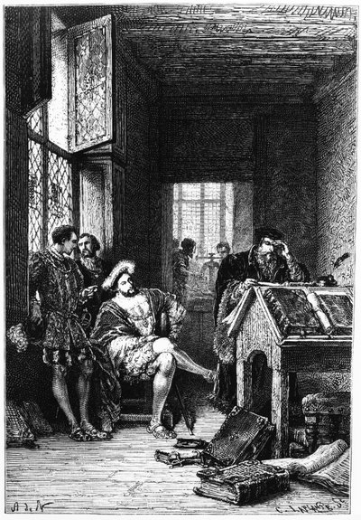 King Francis I of France in the Workshop of Robert Estienne, print made by C. Laplante, illustration from 
