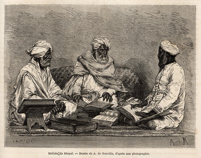 Les mullahs de la mosque de Bhopal, in full discussion of the contentious points of the Muslim religion, engraving after the drawing of A. de Neuville, illustrating the journey in India of the Rajahs, in 1864-1868, by Louis Rousselet, published in 