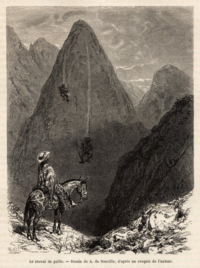 The Indians of the state of Boyaca, descending a mountain covered with grass on straw horses, consisting of a bundle of long grass on which one sits to descend the slopes at full speed, by the force of gravity alone, engraving after the drawing by Alphonse Marie de Neuville