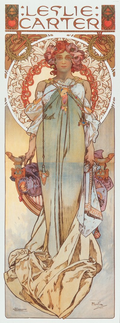 Advertising Illustration by Alphonse Mucha Representing Stage Actress Leslie Carter in Her New Play 