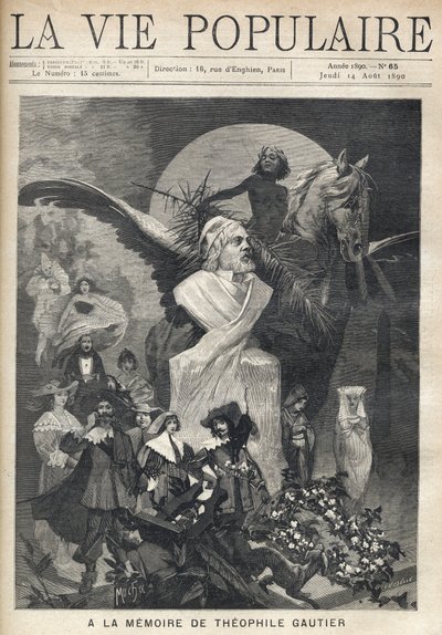 In memory of Theophile Gautier. Around a bust of the writer, the characters in costume of his works run with sadness and dignity, under the gaze of a child crowning laurels, riding a winged horse. Illustration by Alfons Maria Mucha by Alphonse Mucha